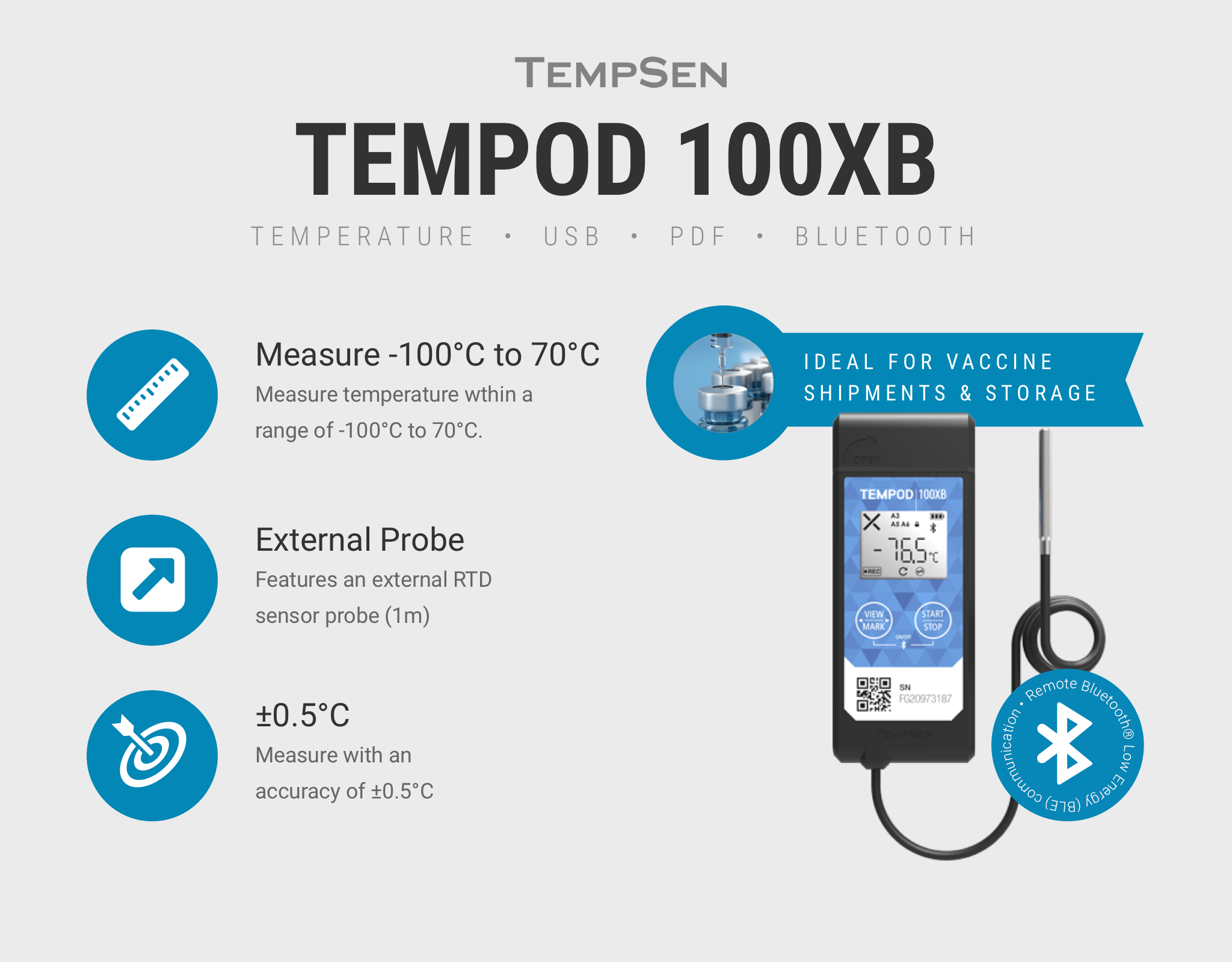 TempSen Tempod 100XB Low Temperature Bluetooth Data Logger