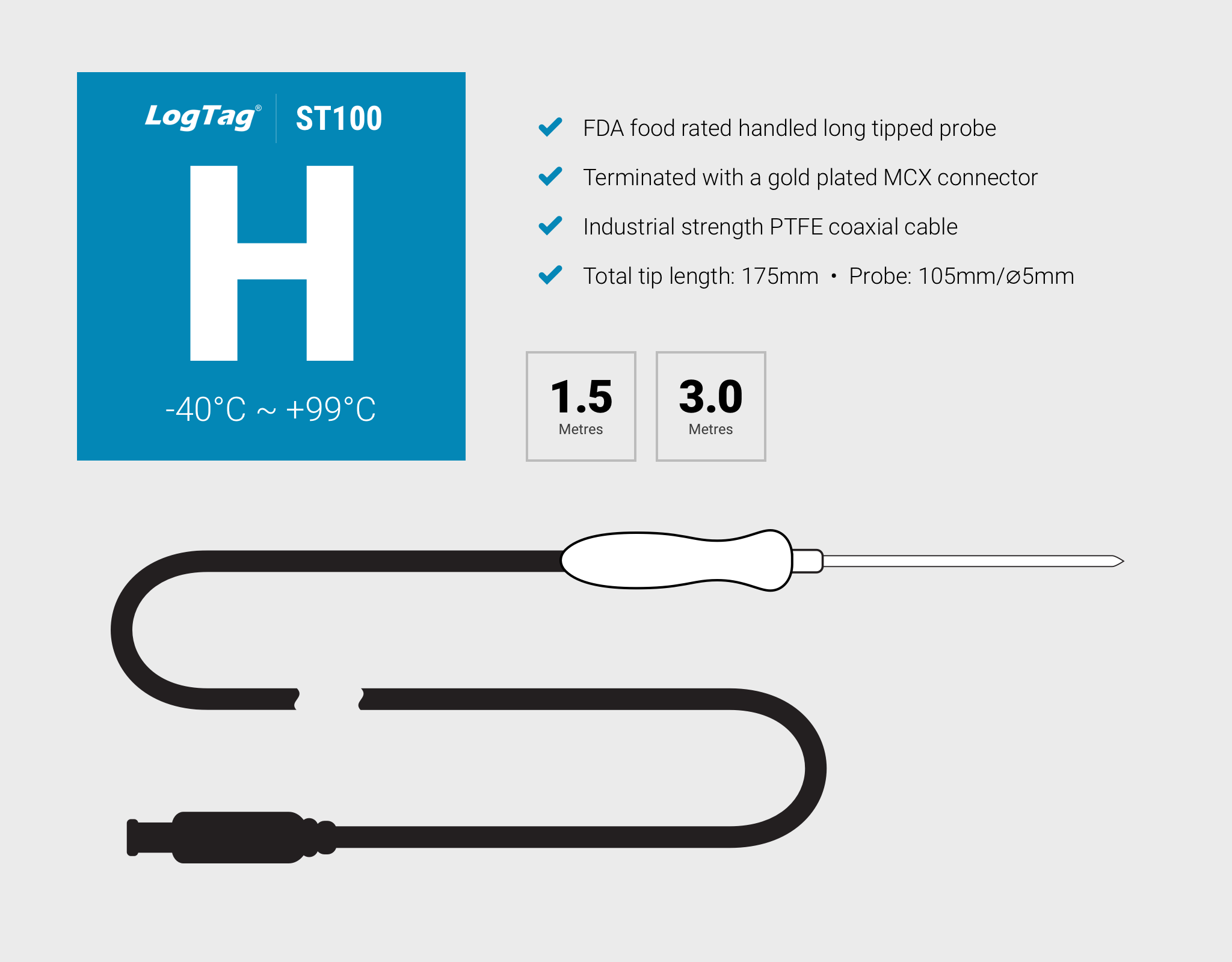 ST100H Handled Long Tipped Temperature Sensor 1.5m Cable