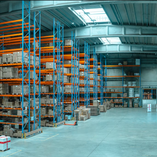 Interior of a warehouse filled with stock in cardboard boxes