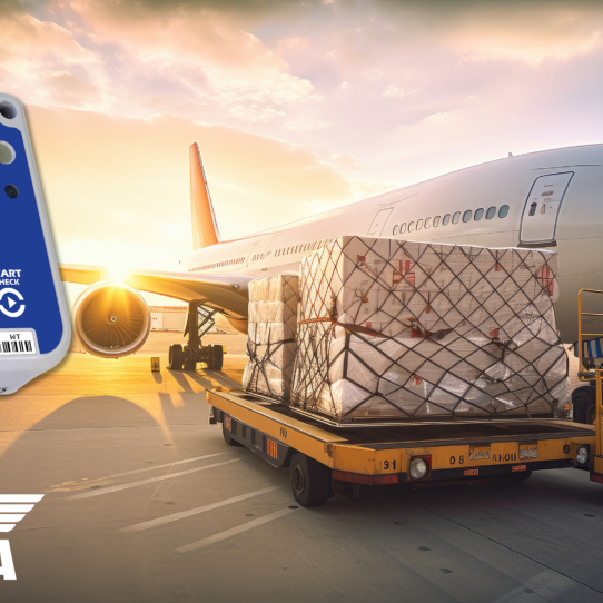 LogTag LT5GEO 5G Data Logger next to a cargo plane at sunrise.