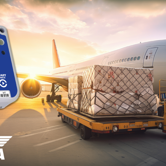 LogTag LT5GEO 5G Data Logger next to a cargo plane at sunrise.