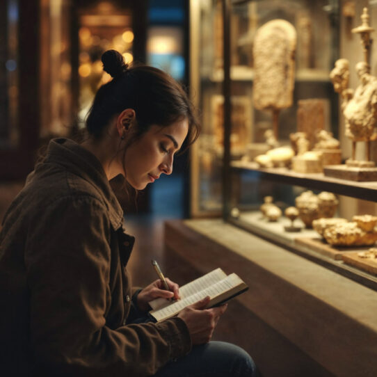 Woman sitting in front of artifacts writing on notepad.