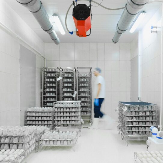 Person walking through cold climate storage room.
